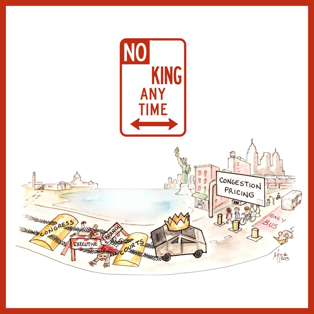 An image with a red border. In the center is a sign that reads "NO KING ANY TIME." The rest of the image is a hand-drawn cityscape graphic with streets, buildings, and cars, suggesting a civic, community-focused design aesthetic.