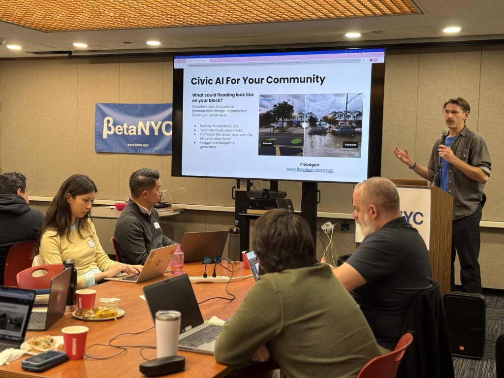 Duncan Ballantine shows a slide titled “Civic AI For Your Community” featuring FloodGen: a street view beside an AI-generated image of the same street flooded.