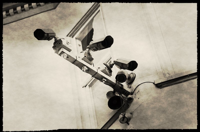 Surveillance cameras on Market near Castro in a photo in black and white.