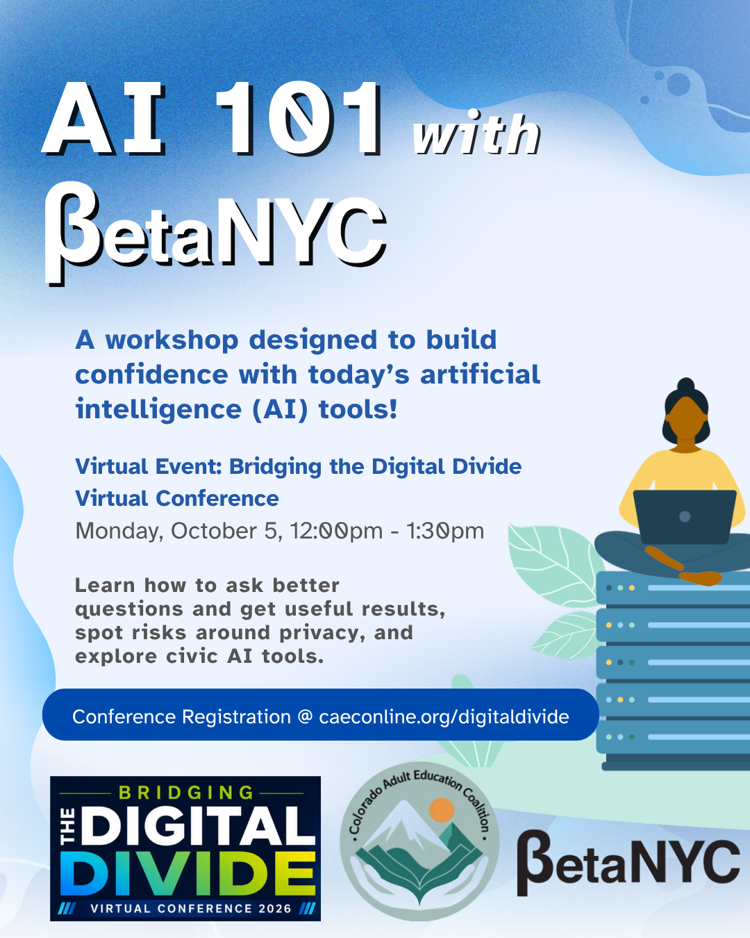 Poster for AI 101 with BetaNYC, a virtual workshop on today’s AI tools by BetaNYC.