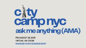Promotional poster for City Camp NYC AMA event with Statue of Liberty graphic and date, virtual via Zoom link provided later in text