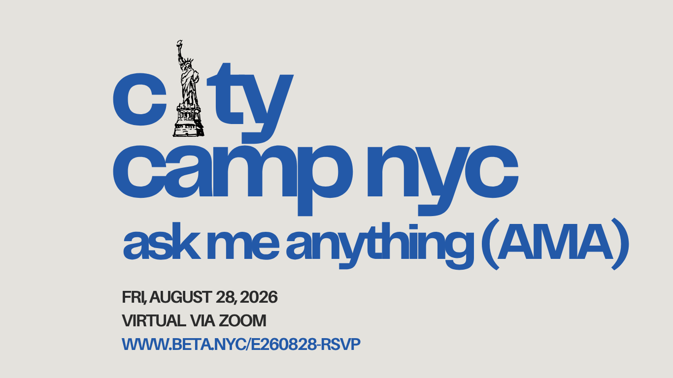Promotional poster for City Camp NYC AMA event with Statue of Liberty graphic and date, virtual via Zoom link provided later in text