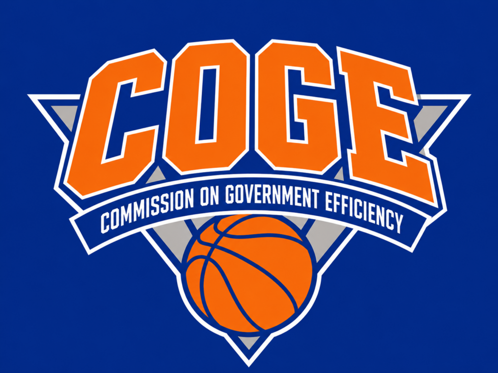 Logo graphic styled after the New York Knicks. Large orange block letters spell “COGE” across the center on a blue background. A blue banner with white text reading “Commission on Government Efficiency” stretches across the middle of the logo. Behind the lettering is a gray star-shaped emblem, and an orange basketball appears beneath the banner. The design uses orange, blue, white, and gray colors with bold sports-team branding aesthetics.