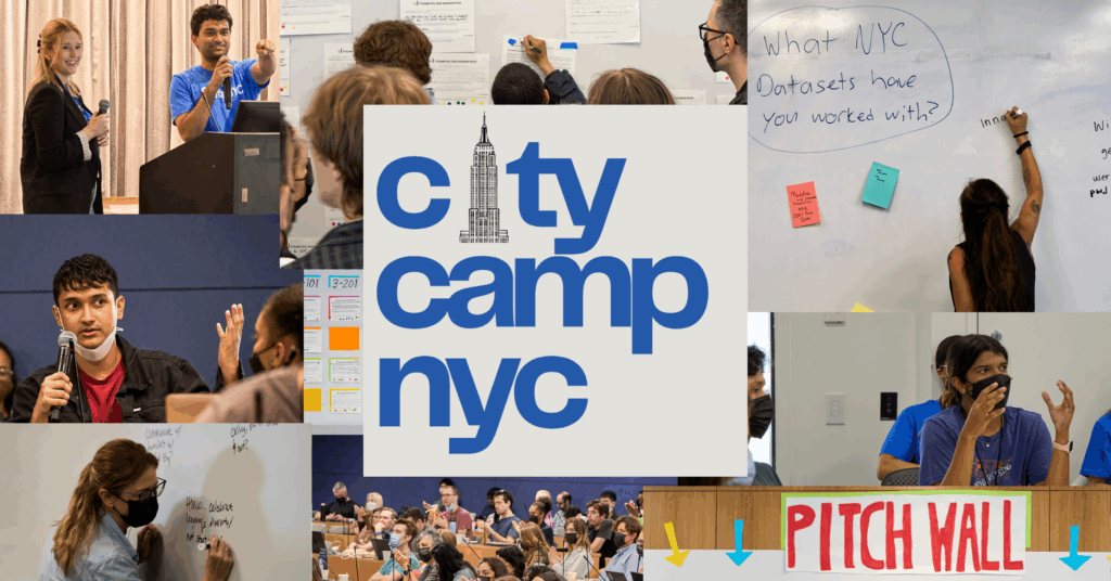 A collage of images from CityCamp NYC featuring volunteers and attendees enaged in dialogue throughout classrooms