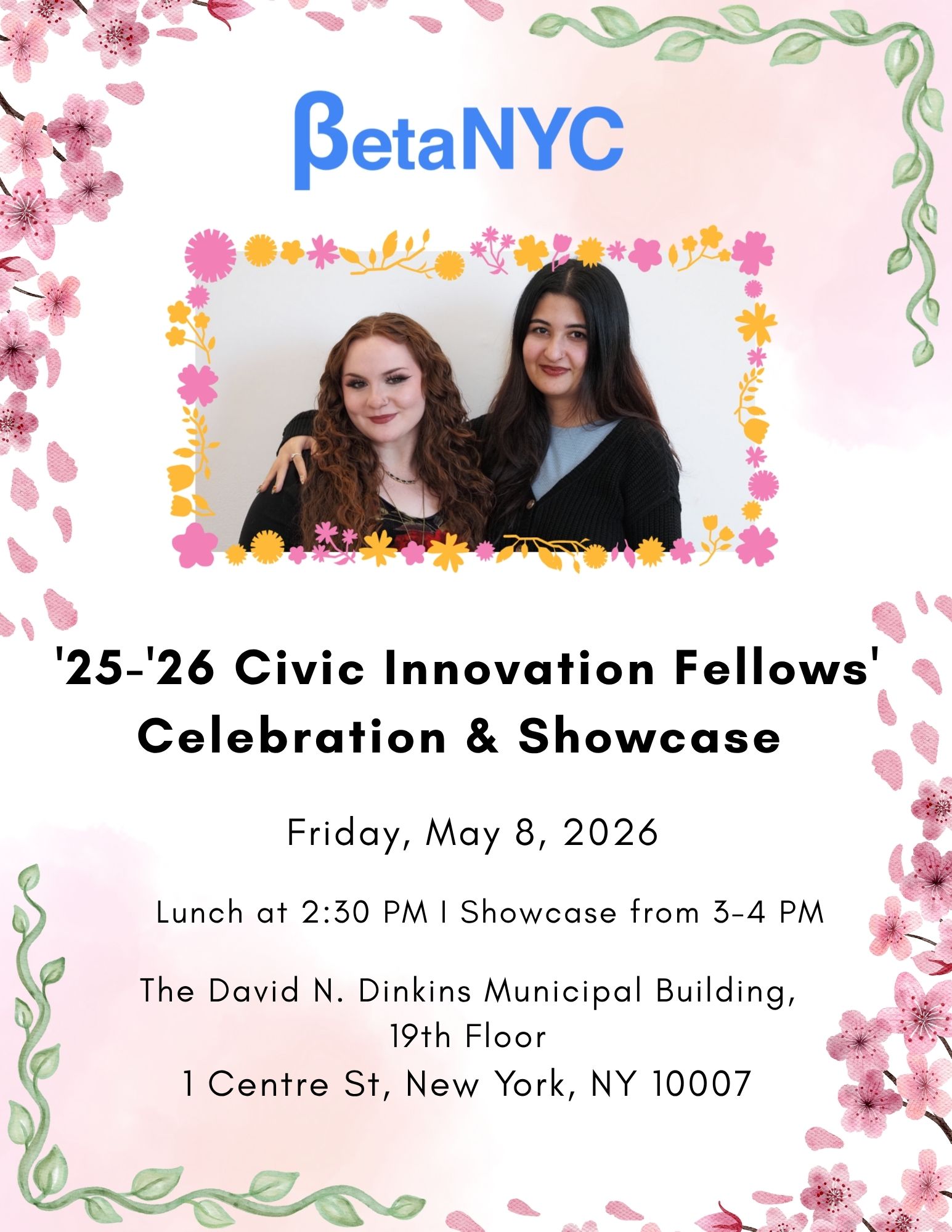 BetNYC invitation poster with two women in a floral frame and event details below