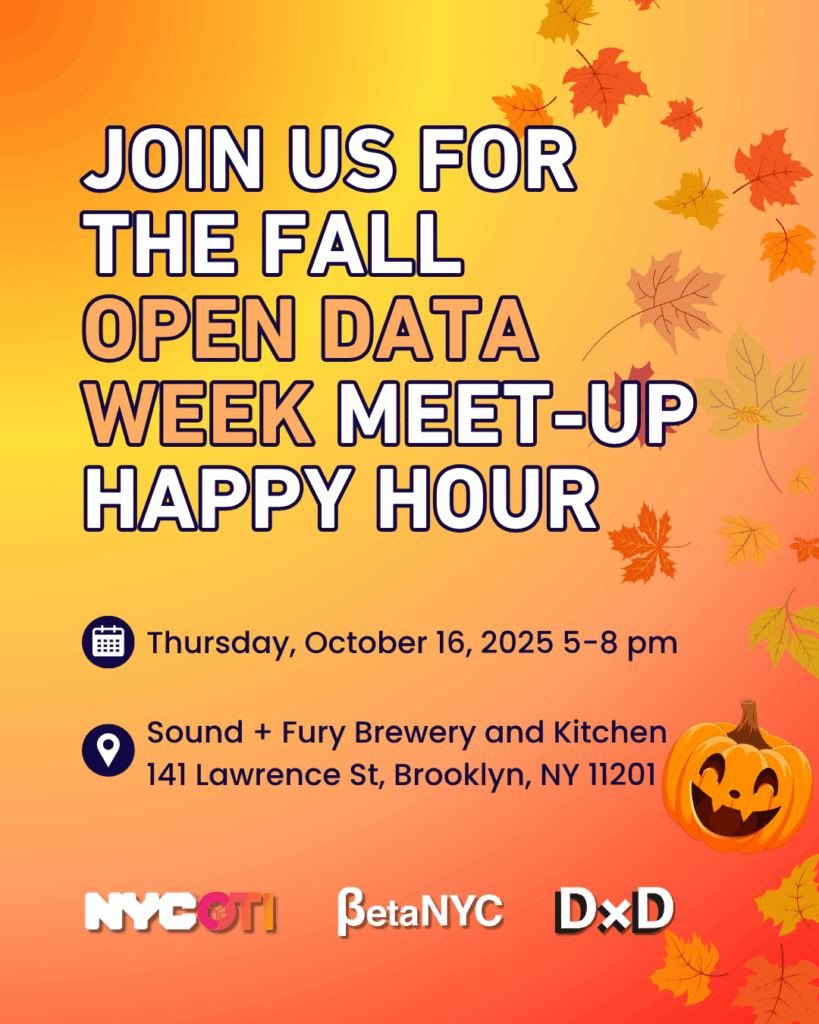 Bright fall-themed flyer with an orange-to-yellow gradient background decorated with floating autumn leaves and a smiling jack-o’-lantern. Large text reads: “Join us for the Fall Open Data Week Meet-up Happy Hour.” Event details: Thursday, October 16, 2025, 5–8 pm at Sound + Fury Brewery and Kitchen, 141 Lawrence St, Brooklyn, NY 11201. Icons of a calendar and map pin appear next to the details. At the bottom are logos for NYC Office of Technology and Innovation (NYC OTI), BetaNYC, and Data Through Design (DxD).
