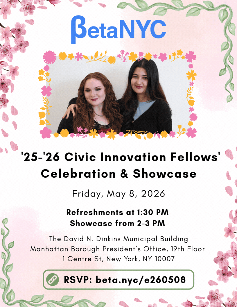 Event poster for BetaNYC announcing the '25-26 Civic Innovation Fellows' Celebration & Showcase' with a photo of two women framed by floral borders, date Friday, May 8, 2026, and RSVP link beta.nyc/e260508.
