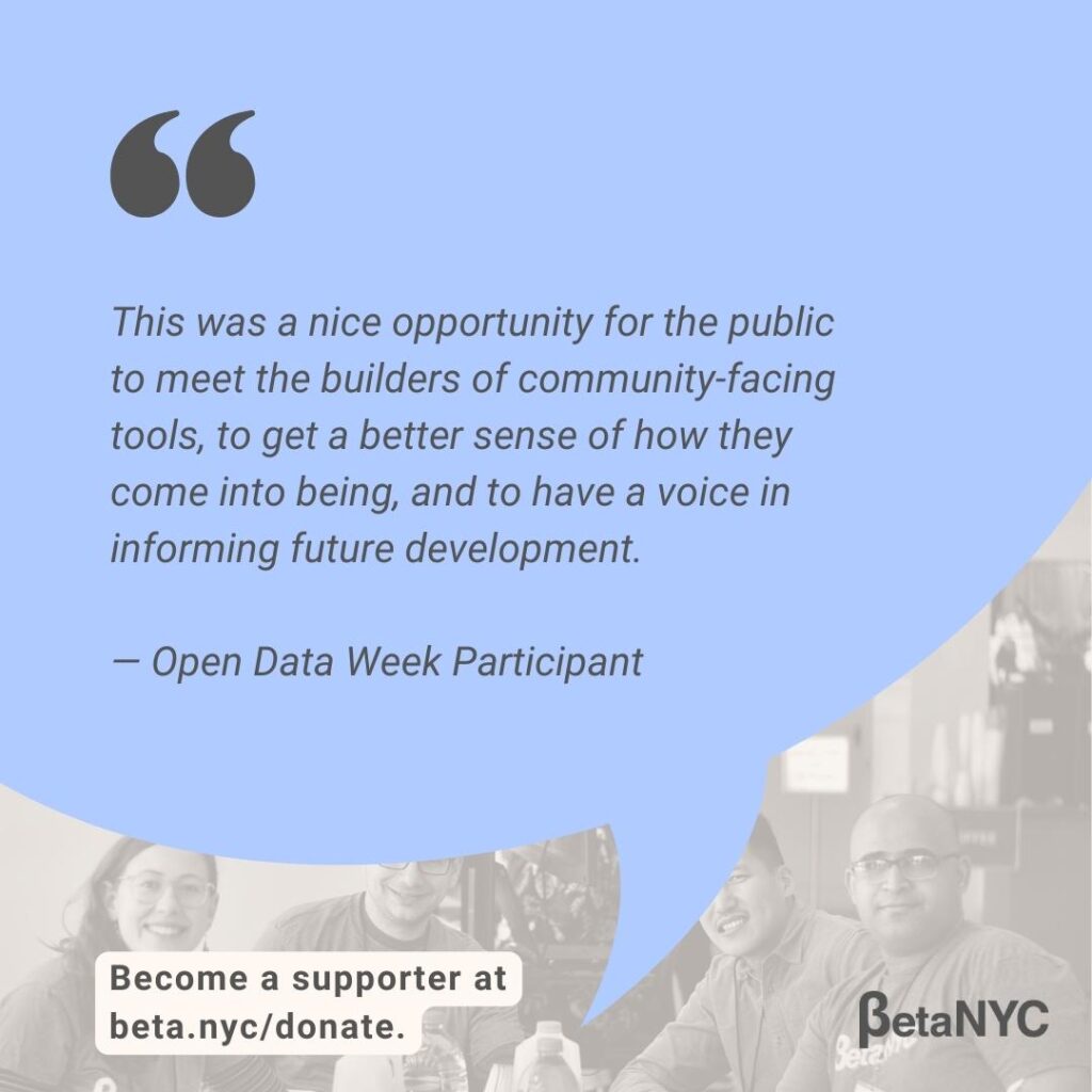 An image with a quote from an Open Data Week participant summarizing their experience. Below is the link to support BetaNYC: beta.nyc/donate