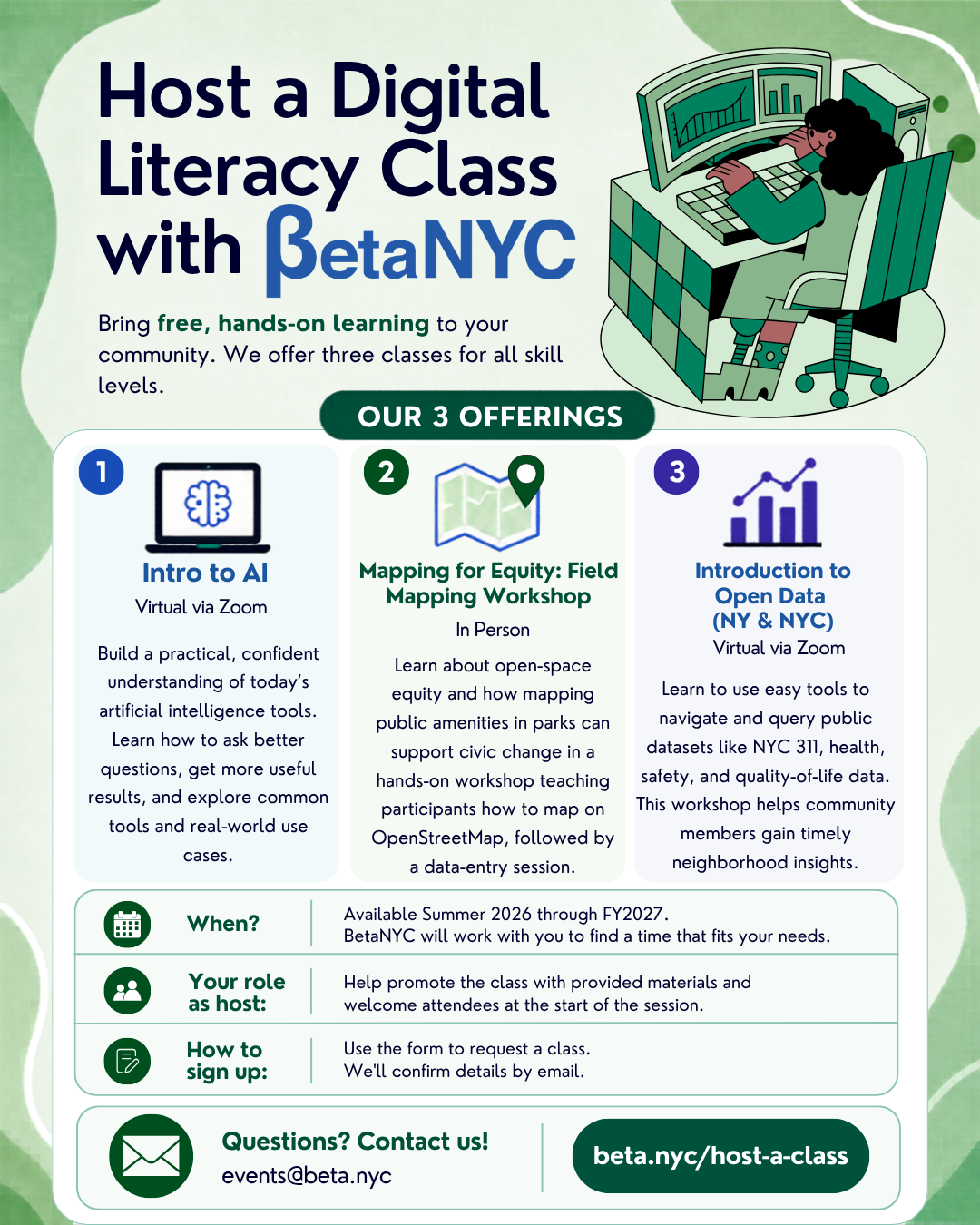 Promotional flyer from BetaNYC titled “Host a Digital Literacy Class with BetaNYC.” The flyer features an illustration of a person seated at a desk using a computer with multiple monitors displaying charts and graphs. Text invites community organizations to bring free, hands-on learning opportunities to their communities and highlights three class offerings.

The first offering, “Intro to AI” (virtual via Zoom), teaches participants how to understand and use AI tools, ask better questions, and explore practical applications. The second offering, “Mapping for Equity: Field Mapping Workshop” (in person), introduces participants to mapping public amenities and open-space equity using OpenStreetMap, followed by a data-entry session. The third offering, “Introduction to Open Data (NY & NYC)” (virtual via Zoom), teaches participants how to explore and use public datasets related to topics such as 311 services, health, safety, and quality of life.

Additional information notes that classes are available from Summer 2026 through FY2027, that host organizations help promote the class and welcome attendees, and that requests can be submitted through an online form. At the bottom, contact information is provided: events@beta.nyc and the web address beta.nyc/host-a-class. The design uses green and blue tones throughout, with icons representing AI, mapping, open data, scheduling, hosting, and registration.