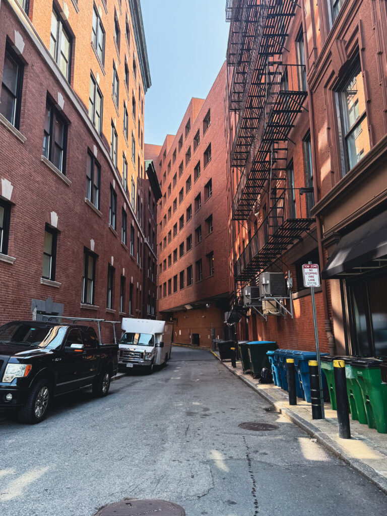 A narrow urban alleyway lined with red brick buildings, parked vehicles, and green trash bins, with external fire escapes and a clear blue sky overhead.