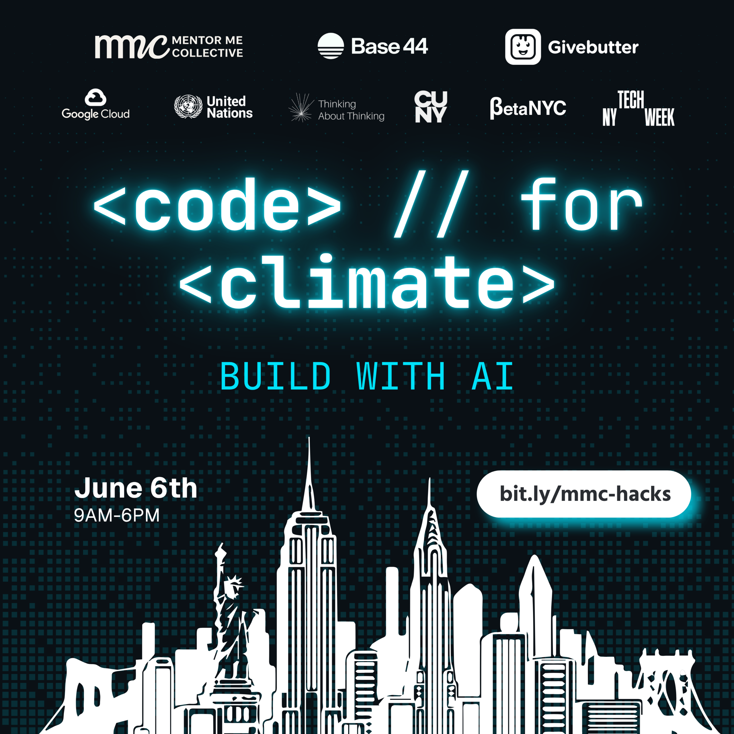 Row of sponsor logos atop a dark background, then large neon blue text reading 'code > climate' with a city skyline silhouette below.