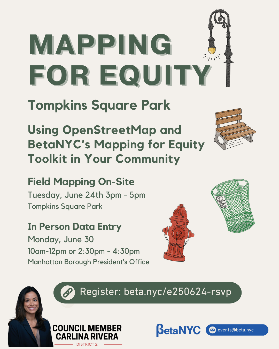 A beige graphic with green text summarizing upcoming events for Mapping for Equity. Upcoming events include field mapping on-site at Tompkins Square Park, and two in-person data entry events at the Manhattan Borough President's Office.