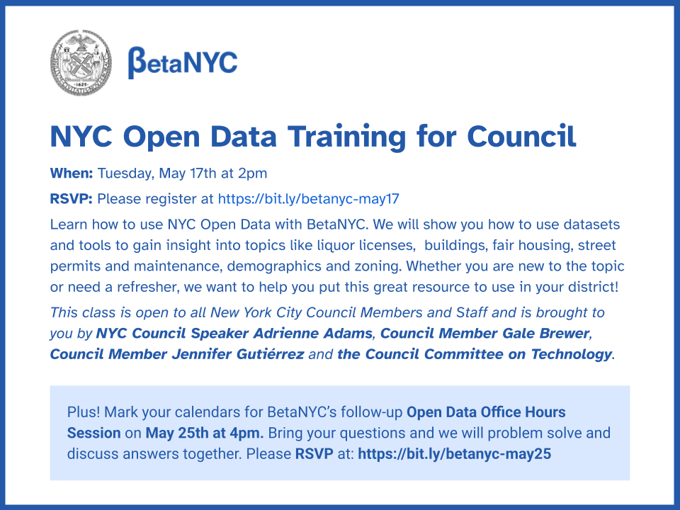 Graphic with text for NYC Open Data Training and Office Hours with Council for 2022.