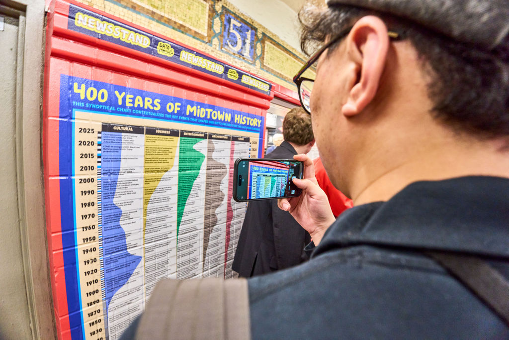 Person with glasses and a backpack uses a smartphone to photograph a colorful timeline poster titled '400 Years of Midtown History' at a newsstand-like display on a wall cool red frame.