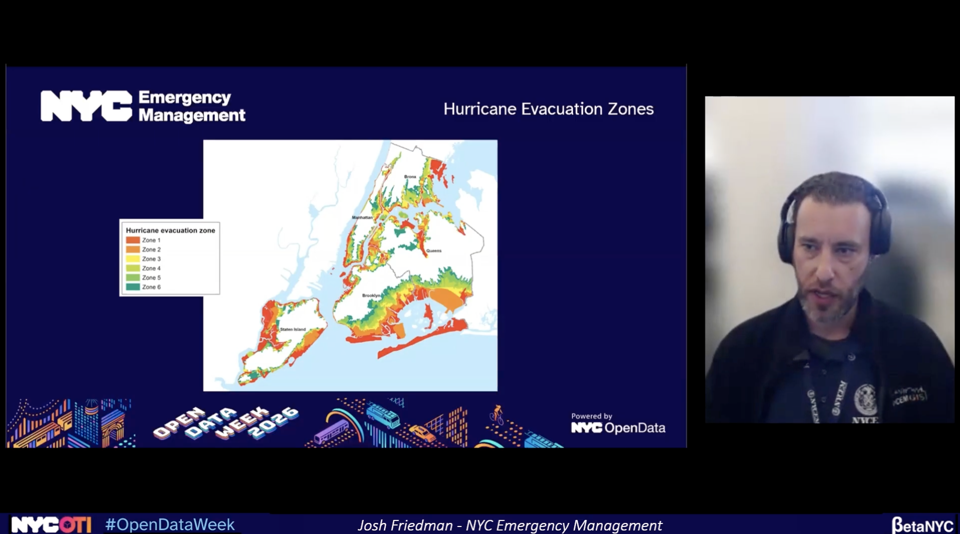 A split-screen presentation from NYC Open Data Week 2026 via Zoom. On the right, a video feed shows Josh Friedman from NYC Emergency Management, a man with short dark hair and a beard, wearing a dark zip-up jacket and a headset.
The main slide on the left is titled "Hurricane Evacuation Zones" and features a color-coded map of New York City’s five boroughs. A legend indicates six evacuation zones.