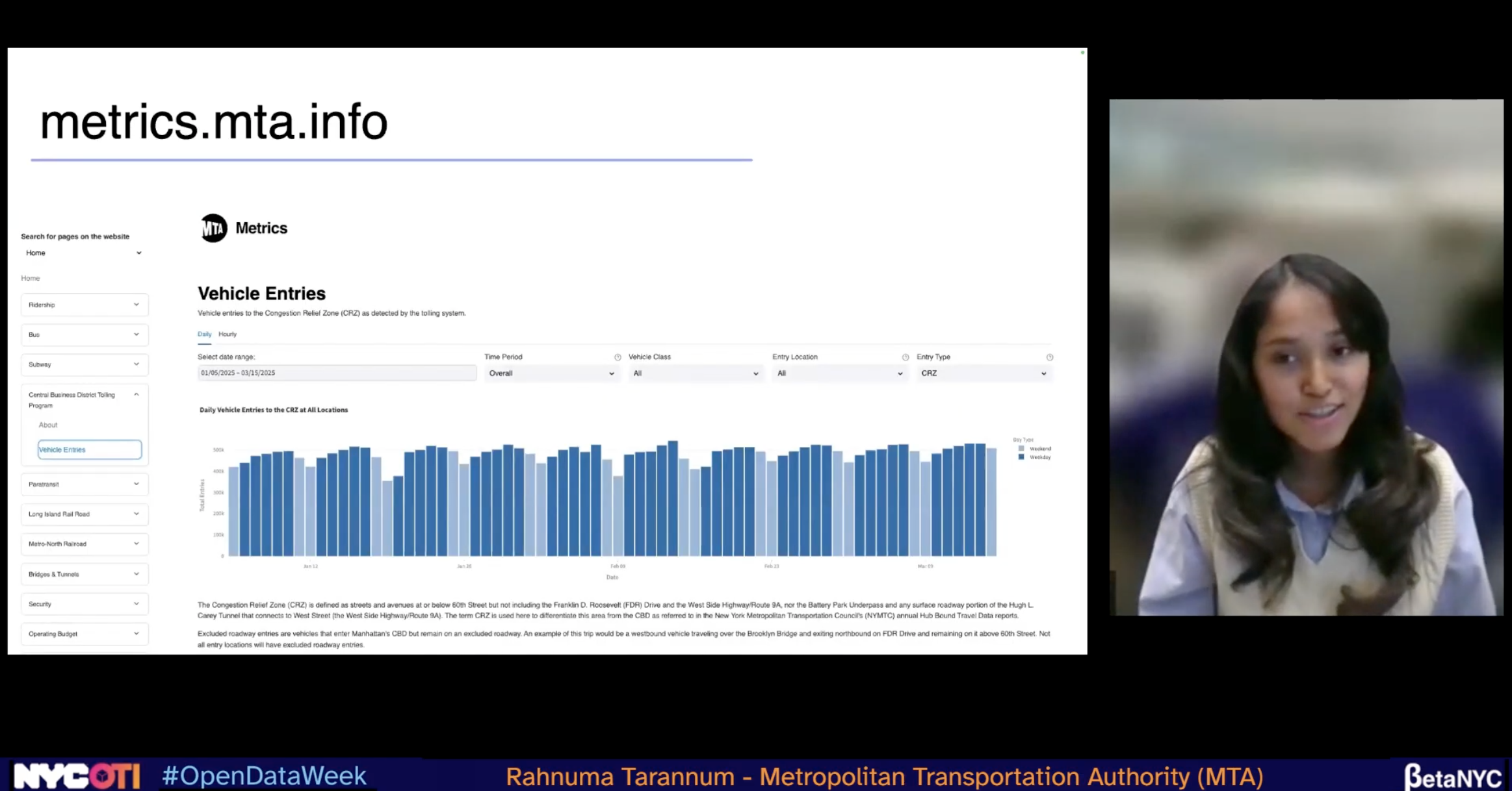 Slide showing MTA Metrics dashboard with a 'Vehicle Entries' chart and left navigation; speaker Rahnuma Tarannum from MTA on the right in a video window.