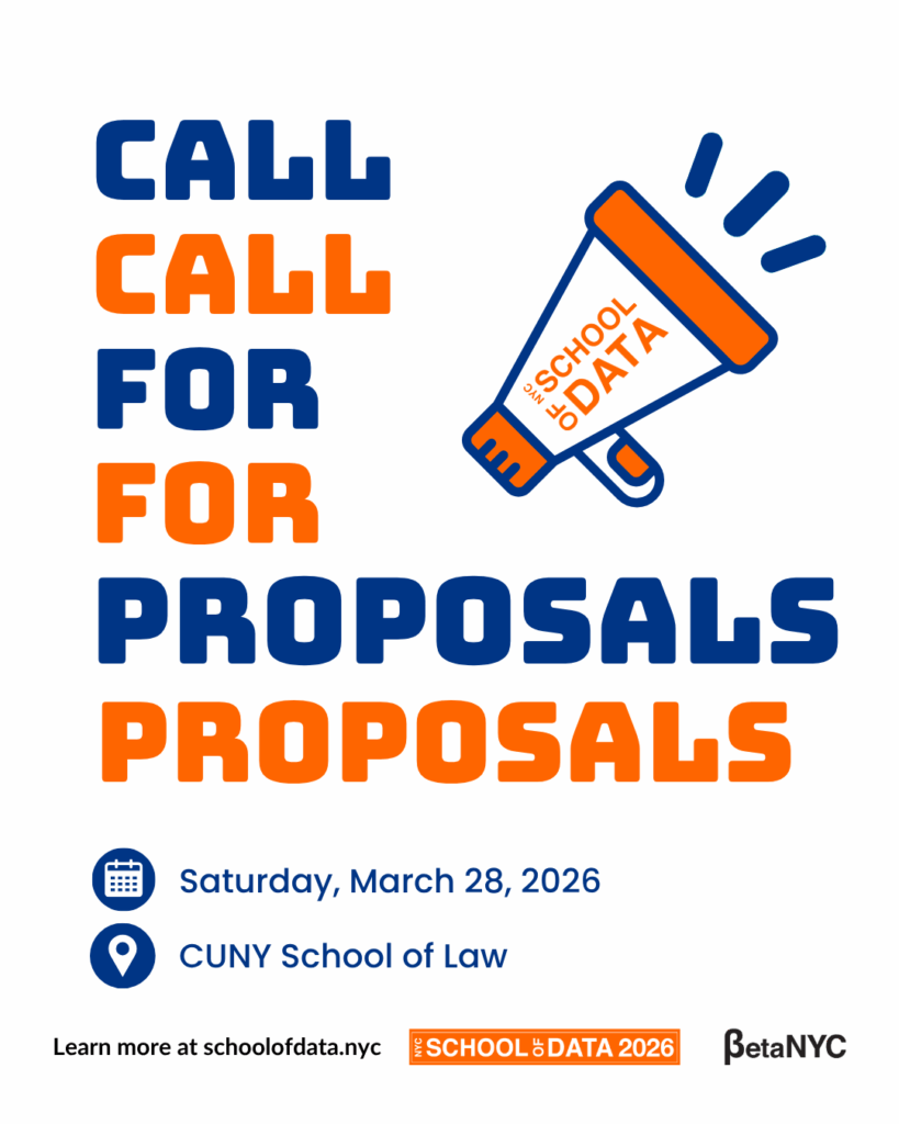 Digital flyer for NYC School of Data 2026. On a white background, large stacked text in blue and orange reads “CALL CALL FOR FOR PROPOSALS PROPOSALS.” To the right is an orange-and-blue megaphone with “NYC School of Data” written on it and sound lines coming out. Below, icons highlight event details: a calendar icon next to “Saturday, March 28, 2026” and a location pin next to “CUNY School of Law.” Along the bottom, small text says “Learn more at schoolofdata.nyc,” with the NYC School of Data 2026 and BetaNYC logos.