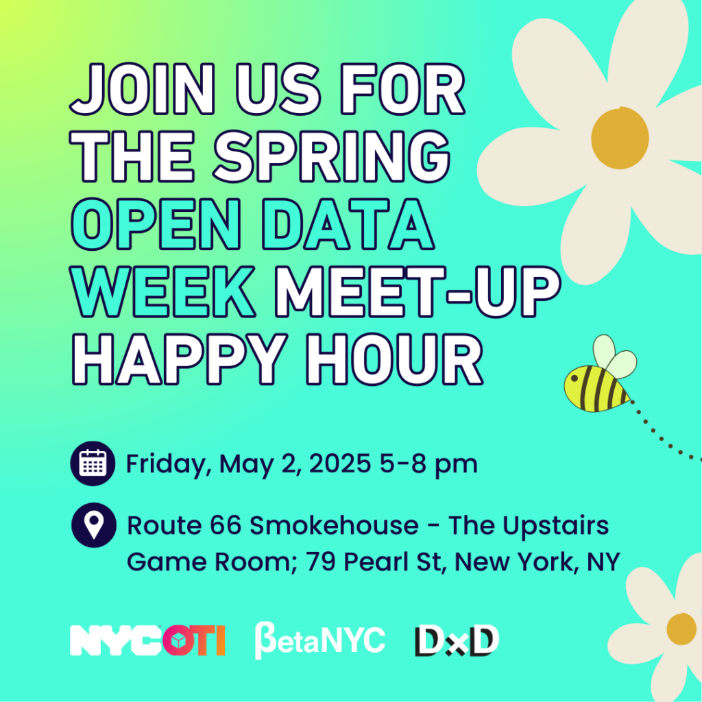 A multi gradient green image with flowers and a bee, followed by information on the Open Data Week 2025 Spring Meetup.