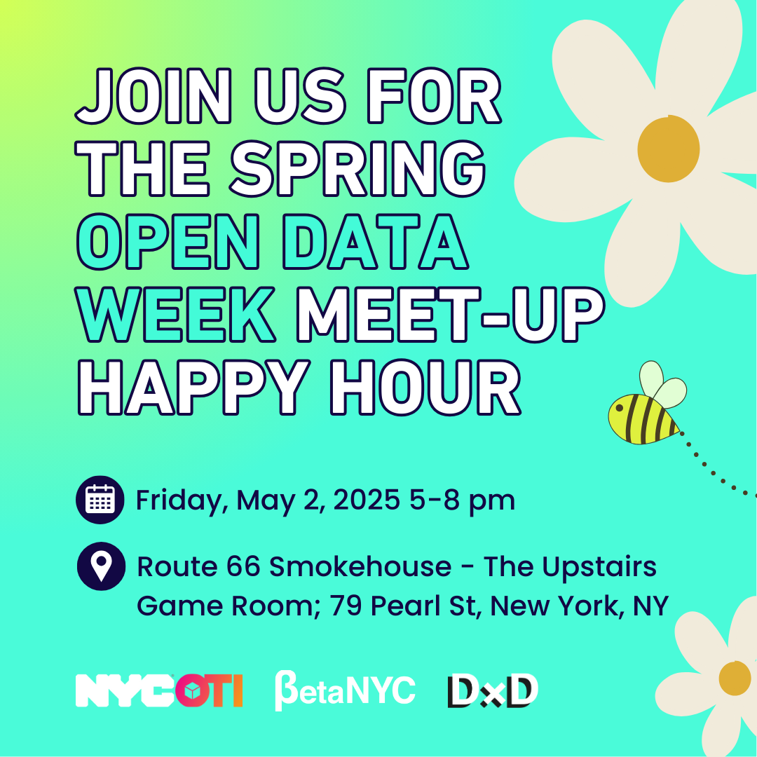A multi gradient green image with flowers and a bee, followed by information on the Open Data Week 2025 Spring Meetup.