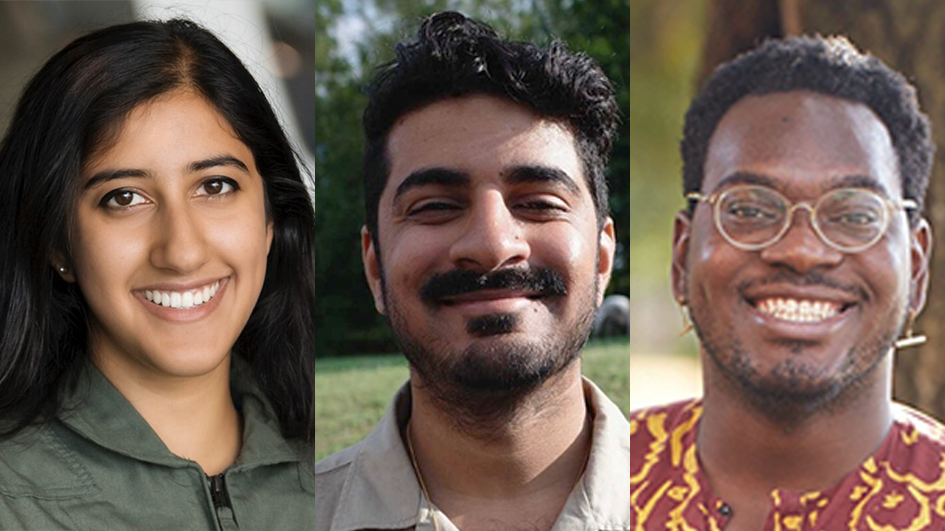 From left to right: Sanjana Paul, smiling with long dark hair, wearing a green top; Arpan Somani, smiling with short dark hair and a mustache, wearing a beige shirt, standing outdoors; and Nick Okafor, smiling with glasses, short hair, and a patterned shirt, standing in front of a tree.
