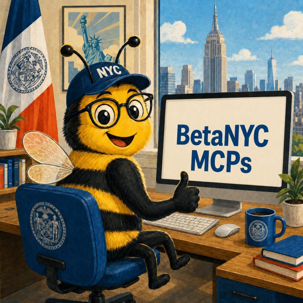 Friendly bee in an office at a desk, wearing an NYC cap and glasses, giving a thumbs-up next to a monitor that reads 'BetaNYC MCPs' with NYC skyline in the background.