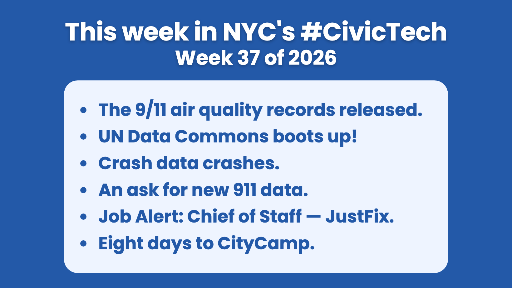 Blue BetaNYC card. Kicker: "This week in NYC's #CivicTech". Headline in a light-blue panel: "Week 37 of 2026. The 9/11 air quality records released. UN Data Commons boots up! Crash data crashes. An ask for new 911 data. Job Alert: Chief of Staff — JustFix. Eight days to CityCamp." Footer: "Read this week's issue." www.beta.nyc. BetaNYC logo.