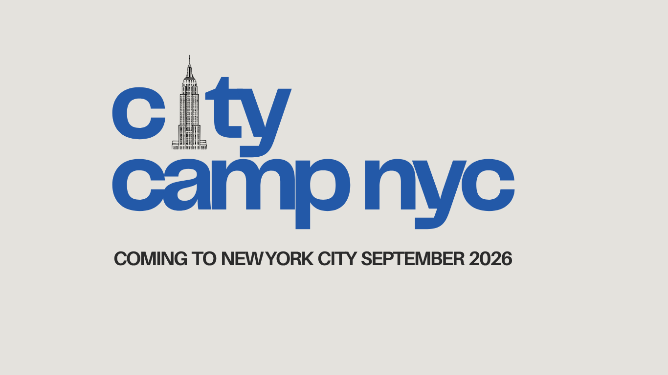 Promotional poster for City Camp NYC; blue text with a skyscraper forming the 'i', announcing NYC event in September 2026.