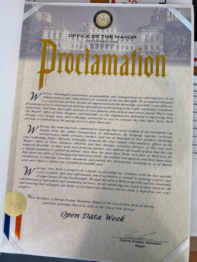 A photo of a proclamation from the NYC Mayor's Office declaring Saturday, March 28, 2026 as Open Data Week.