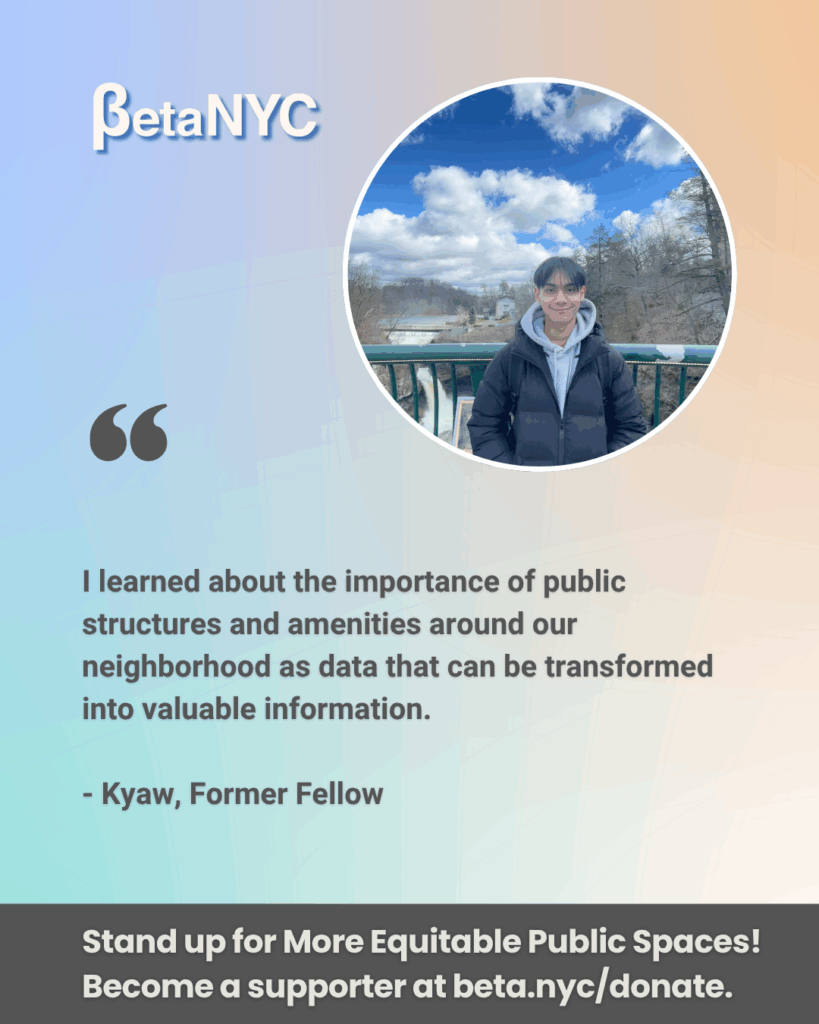 A blue, orange, and green multicolor gradient image. It contains BetaNYC's logo, Kyaw’s picture, and a featured quote summarizing Kyaw’s experience. The bottom text reads: "Stand up for More Equitable Public Spaces! Become a supporter at beta.nyc/donate."