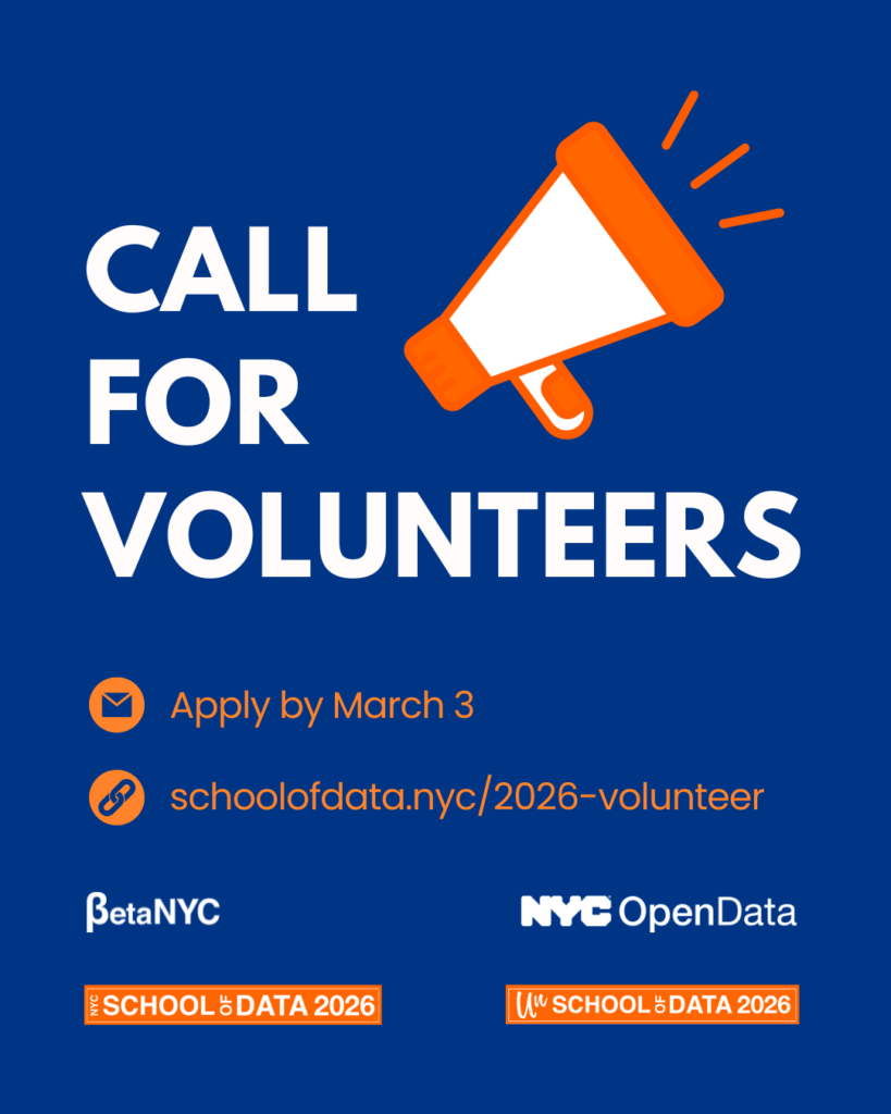Graphic on a navy-blue background with an orange-and-white megaphone. Large white text reads, “CALL FOR VOLUNTEERS.” Below, orange icons and text say: “Apply by March 3” and “schoolofdata.nyc/2026-volunteer.” The bottom includes the BetaNYC and NYC OpenData logos, plus orange badges for “NYC School of Data 2026” and “UnSchool of Data 2026.”
